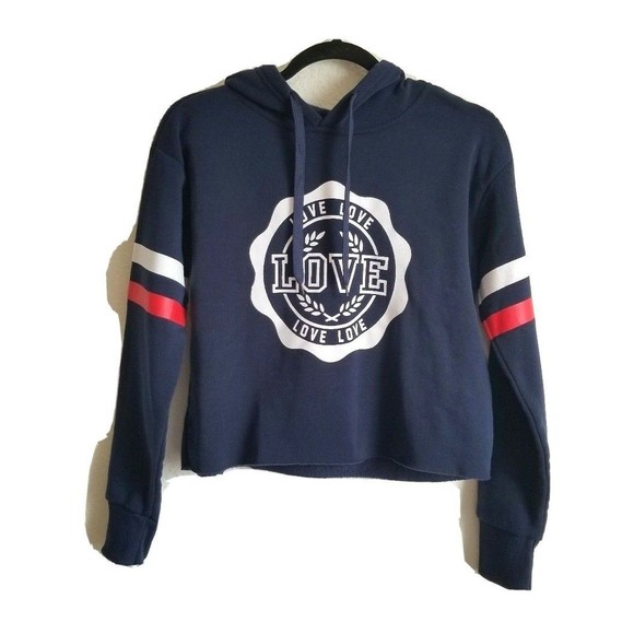 ROMA CONCEPT Blue Crop Hoodie Sweatshirt Women's Unique LOVE By rosee size Med - Picture 1 of 6